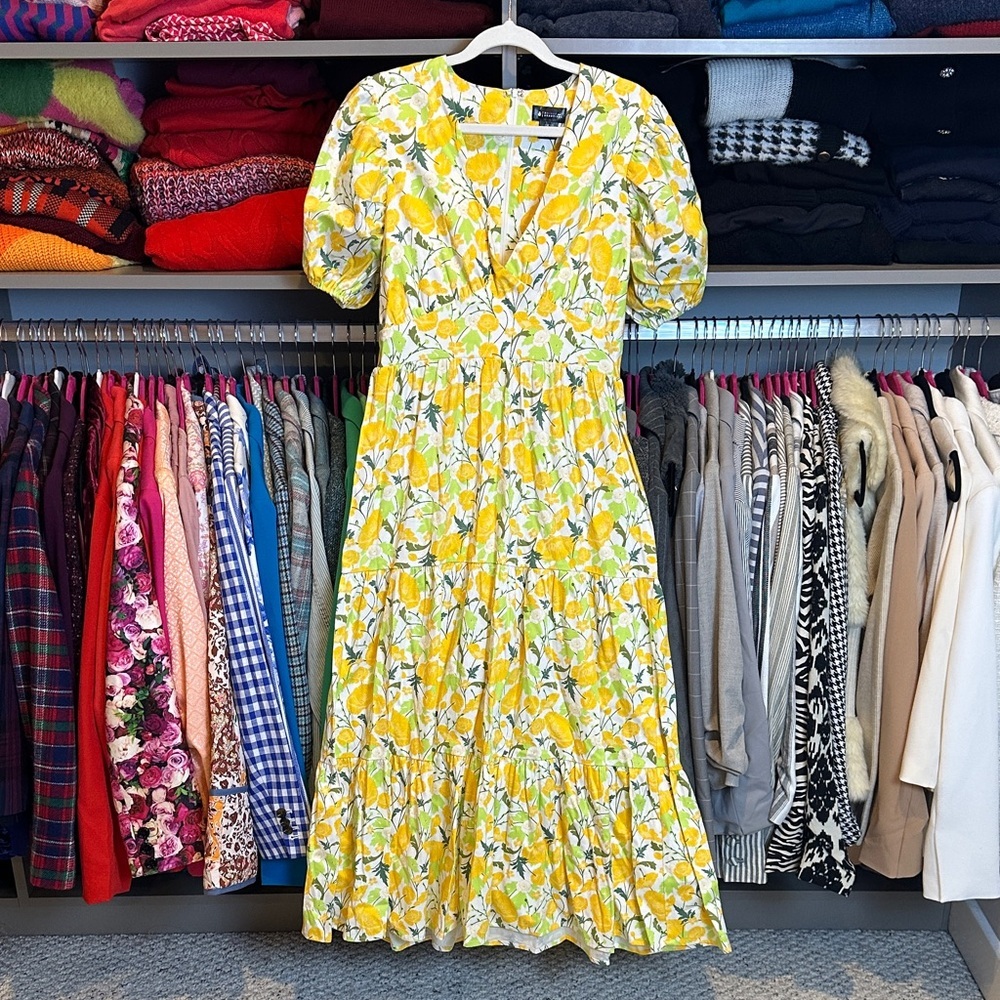 Bright & Beautiful yellow/white/green floral short puff sleeve midi dress size 6
